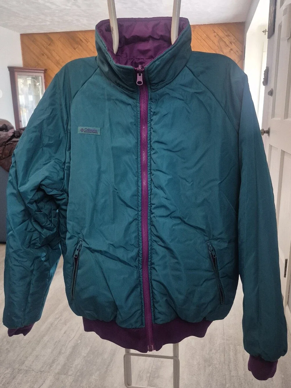 Vintage Columbia Reversible Puffer Jacket Mens L Purple Teal Made in Taiwan